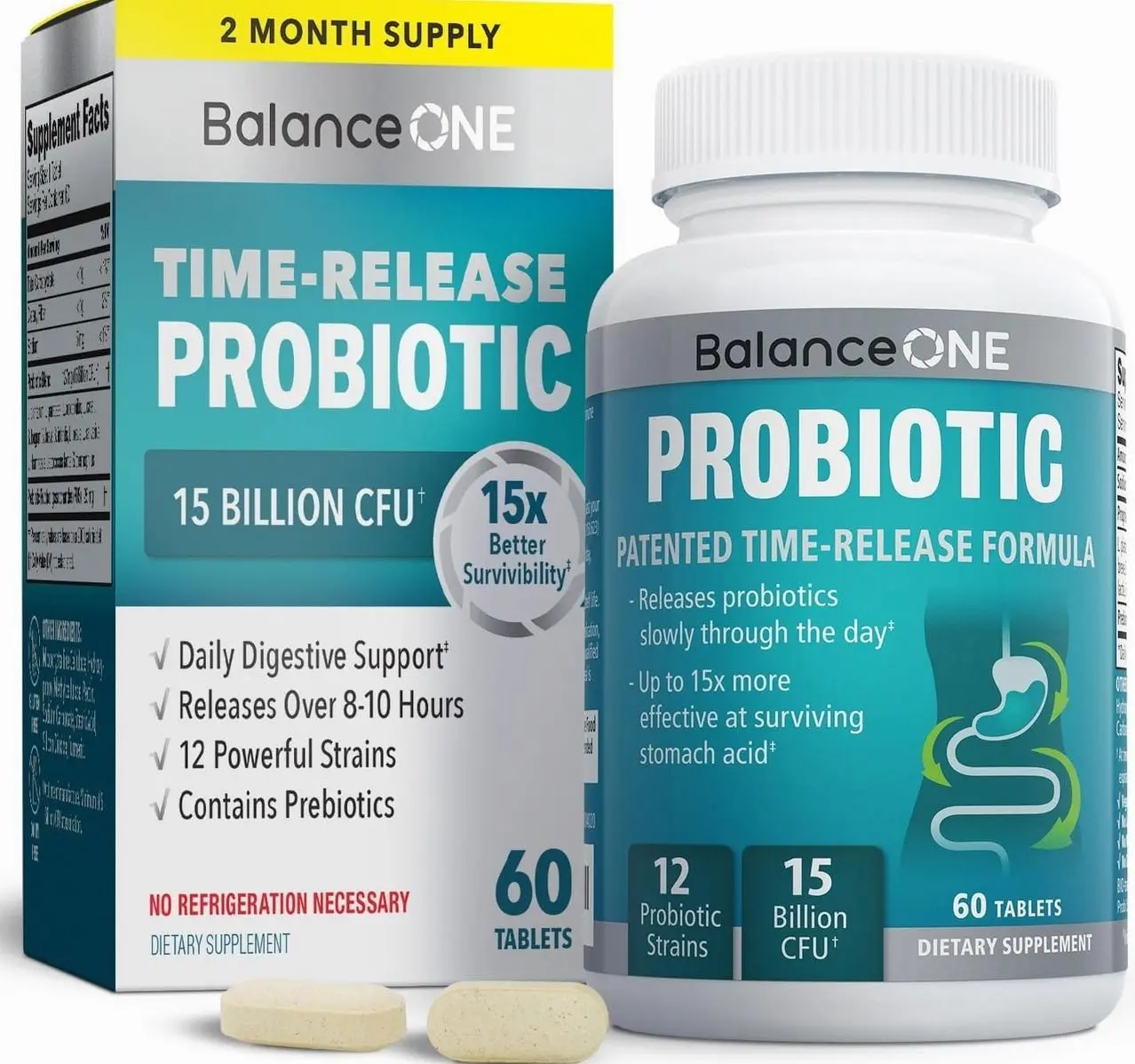 Balance ONE Time Release Probiotic – 15 Billion CFU – 12 Strains Including L. Plantarum – 15x More Survival Than Capsules – Bloating & Gas Relief – Gut & Digestive Health for Women & Men – 60 Tablets