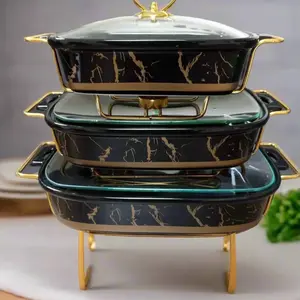 Rectangular Gold & Black Ceramic Pot Baking Dish Chaffing Dish / Tray | 3 Piece Chaffing Buffet Dishes 5