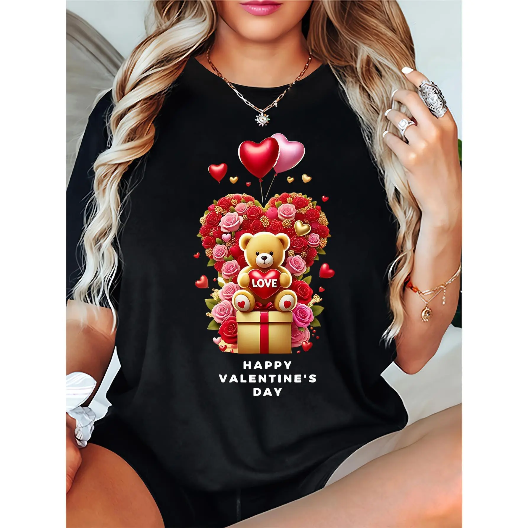 Womens Valentines Day Pink T-Shirt |   Cute Teddy Bear with Roses & Hearts Print, Happy Valentines Day Text, Medium Stretch Round Neck Short Sleeve Casual Top, Machine Washable, Fashionable Gift for Her, Valentine Festival Dress