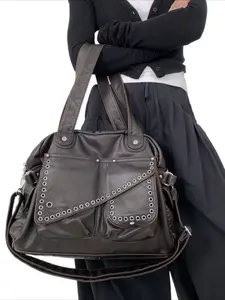 Ladies' retro vegan motorcycle handbag, Pu leather satchel, Gothic style front pocket soft shoulder bag detachable shoulder strap large capacity Crossbody Shoulder Bag street Y2K handbag, rivet design, suitable for daily commuting, gatherings
