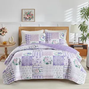 3 Pieces Floral Quilt Set Queen, Patchwork Purple Pink Flowers Design, Smooth Soft Microfiber Quilt, All Season Bedspread Bed Cover, 1 Quilt and 2 Pillow Shams, 90x90 inches