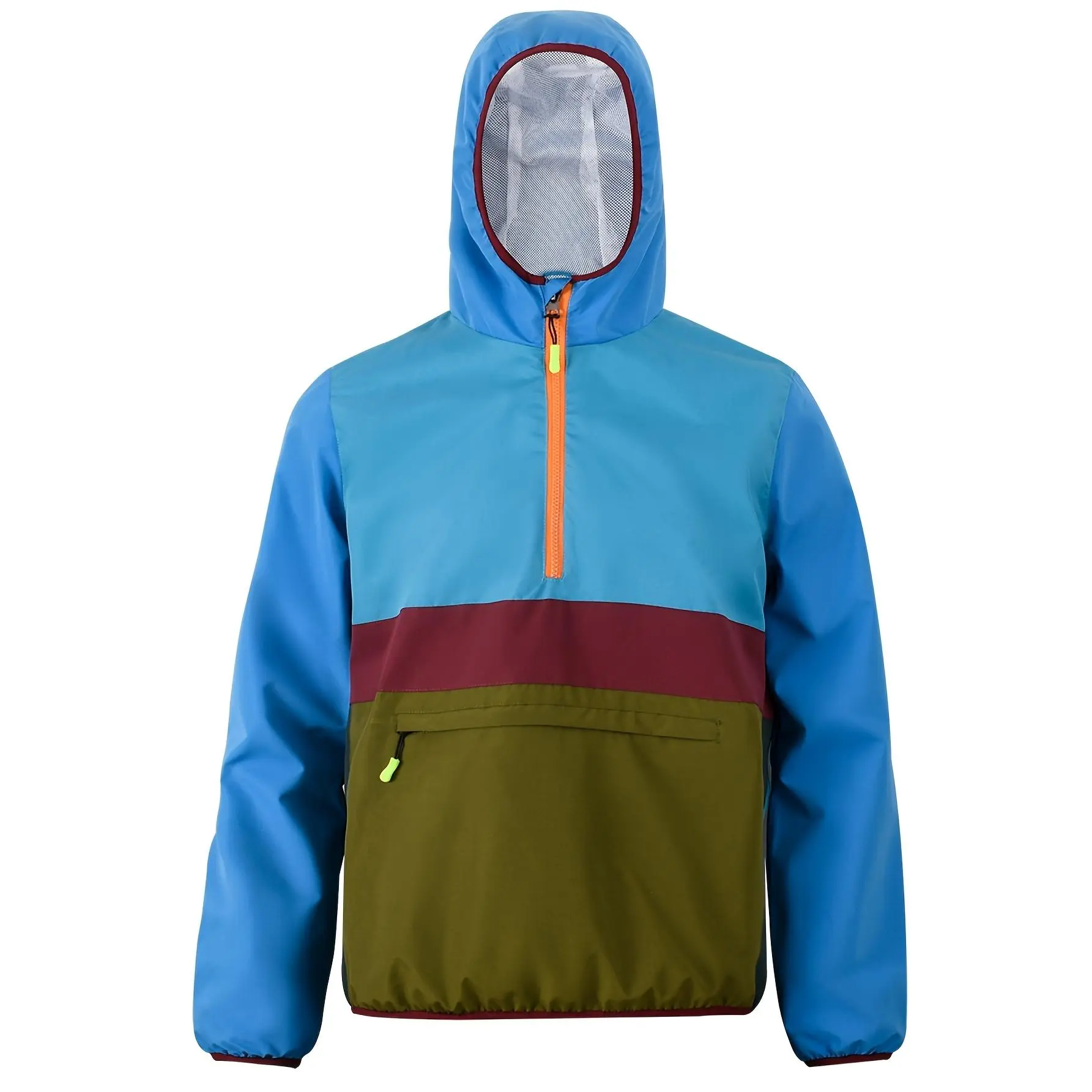 Men's Color Block Casual Windbreaker Coat, Long-Sleeve Hooded Half-Zip Polyester Pullover with Pockets, Menswear Tops, Coats