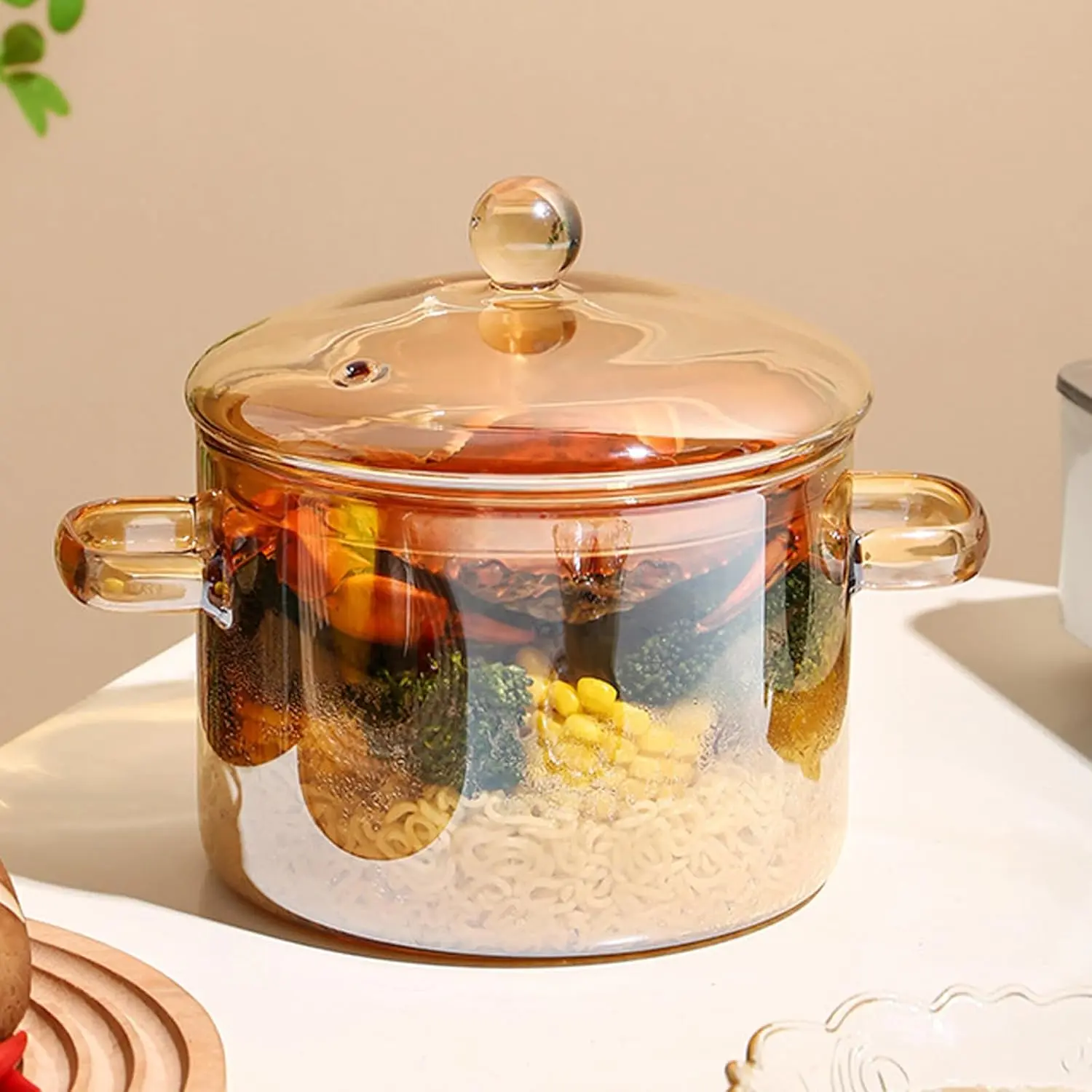 Amber Ceramic Glass Slow Cooker Saucepan - 50ml Cookware Pot with Lid, Double Handles, Stovetop-Safe for Pasta, Soup, Baby Food, Pots