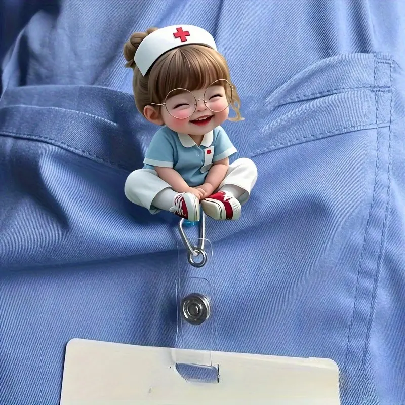 2D Flat Acrylic Nurse Girl ID Holder- Retractable Badge Reel, Durable Label for Medical Students& Practicing Nurses- Sturdy PMMA Material, Ideal for Workplace Identification& Medical Badge Clip|