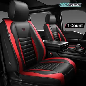 CAR PASS Leather Car Seat Cover Front Seat, Luxury Seat Protector for Cars, Waterproof Anti-Slip Seat Cushion Armrest Compatible Airbag Universal for Sedan SUV Pick-up Truck Auto, Black&Red 1 Count
