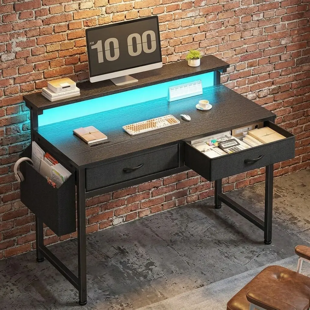 31.5"D Home Office Computer Desk, RGB LED Strip Lights Gaming Desk with Ergonomic Monitor Riser, 2 Foldable Fabric Drawers and Side Pocket, Compact Study Desk for Bedroom Apartment Small Space