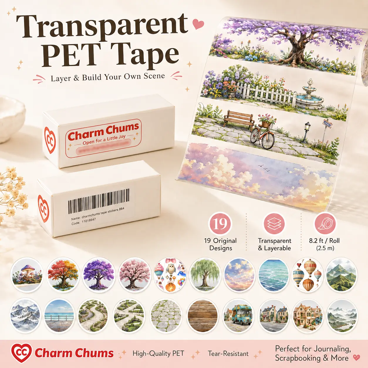 Transparent PET Tape Roll for Journaling & Scene Building, Original Illustrated Sticker Tape for Scrapbooking, Planner Decoration and DIY Crafts, Layered Clear PET Film Tape, 8.2 ft (98.4 in) per Roll