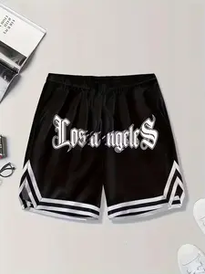 Men's Los Angeles Graphic Shorts - Gothic Font Print, Striped Trim, Elastic, Fitted, Streetwear Athletic Style, Casual Everyday Wear, Pockets, Activewear
