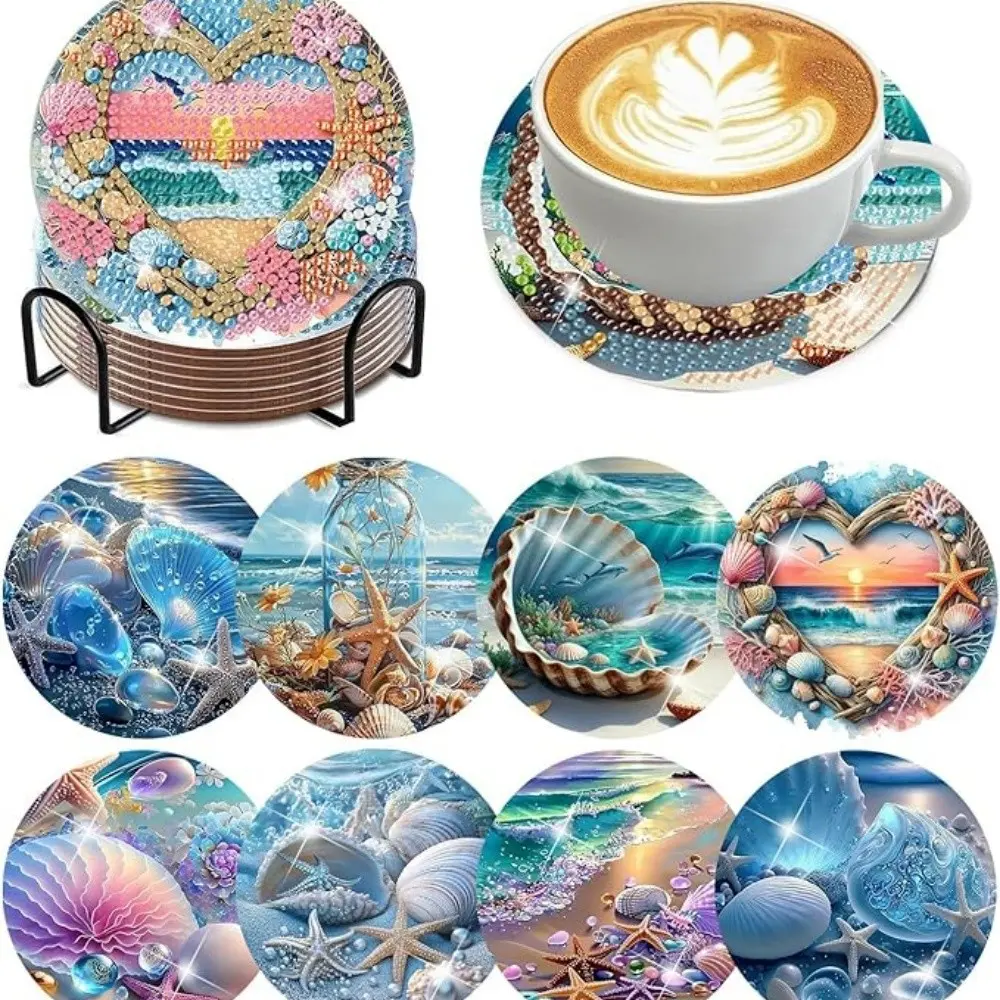 8 pieces/set of diamond art painting coasters with brackets, DIY ocean series patterned diamond art coasters, suitable for adults and beginners as diamond painting kits, diamond kit craft supplies, exquisite gifts for friends, Home