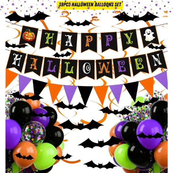 39PCS Halloween Party Decorations Set – Happy Halloween Banner, Halloween Balloons Kit, 3D Bat Wall Stickers, Hanging Swirls, Triangle Flags, Orange Black & Purple Balloons, Halloween Party Supplies for Home, Classroom & Indoor Decor