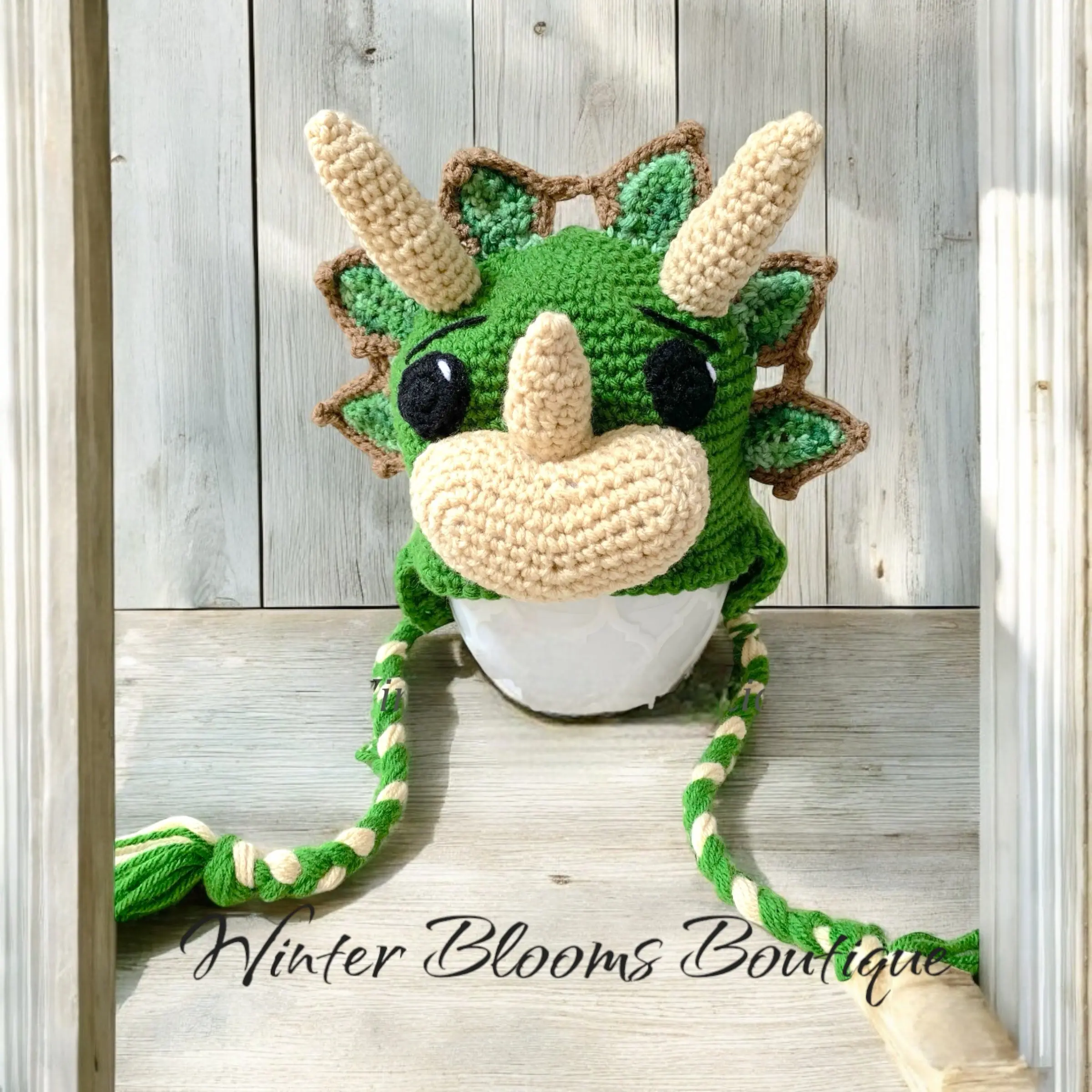 Winter Blooms Boutique Triceratops Dinosaur Hat Handmade Green with Beige and Brown Accents