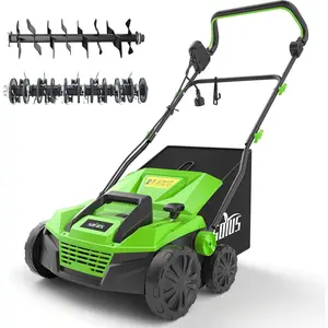 15-Inch 13-Amp Electric Dethatcher and Scarifier with 45L Removable Thath Collection Bag, Corded Lawn Dethatcher with 5-Position Depth Adjustment, Quick-Fold, Increases Lawn