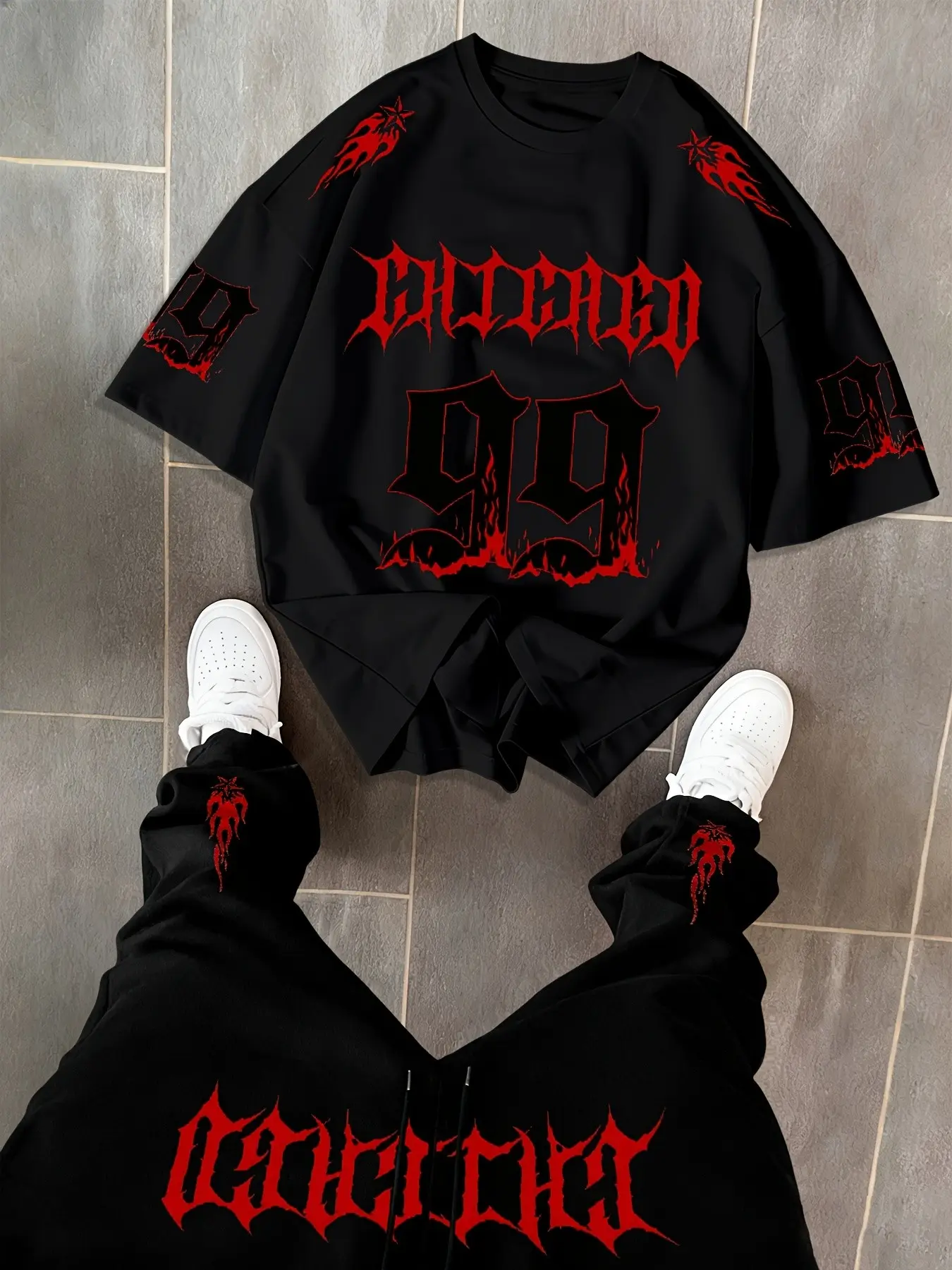 Unisex Chicago 99 Gothic Flame Print Trend Streetwear Set, Flame Pattern T-Shirt & Long Pants, Loose Fit Casual Two-Piece