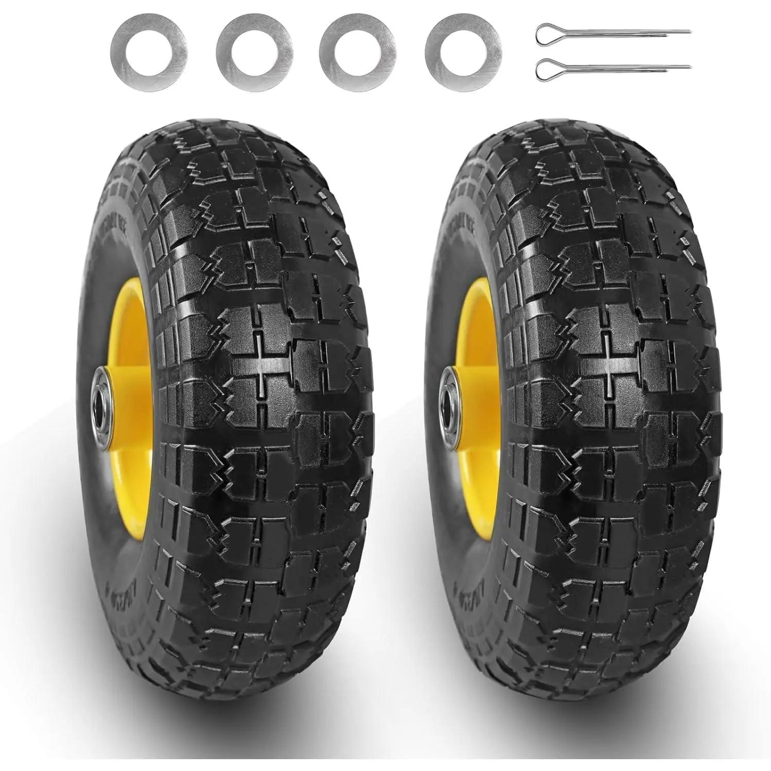 (2-Pack) 10'' Tires and Wheels, 4.10/3.50-4" Flat Free Tubeless with 5/8" Axle Bore Hole Bearings, 2.17"Offset Hub, For Truck,Wheelbarrow, Cart, Dolly,