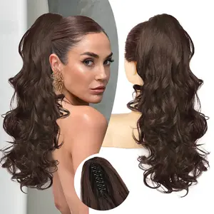 Ponytail Extension 20" Claw Clip in Ponytail Extensions Long Curly Wavy Ponytail Hair Extension Jaw Clip on Pony Tails Hairpiece for Women - Chocolate Brown with Highlights
