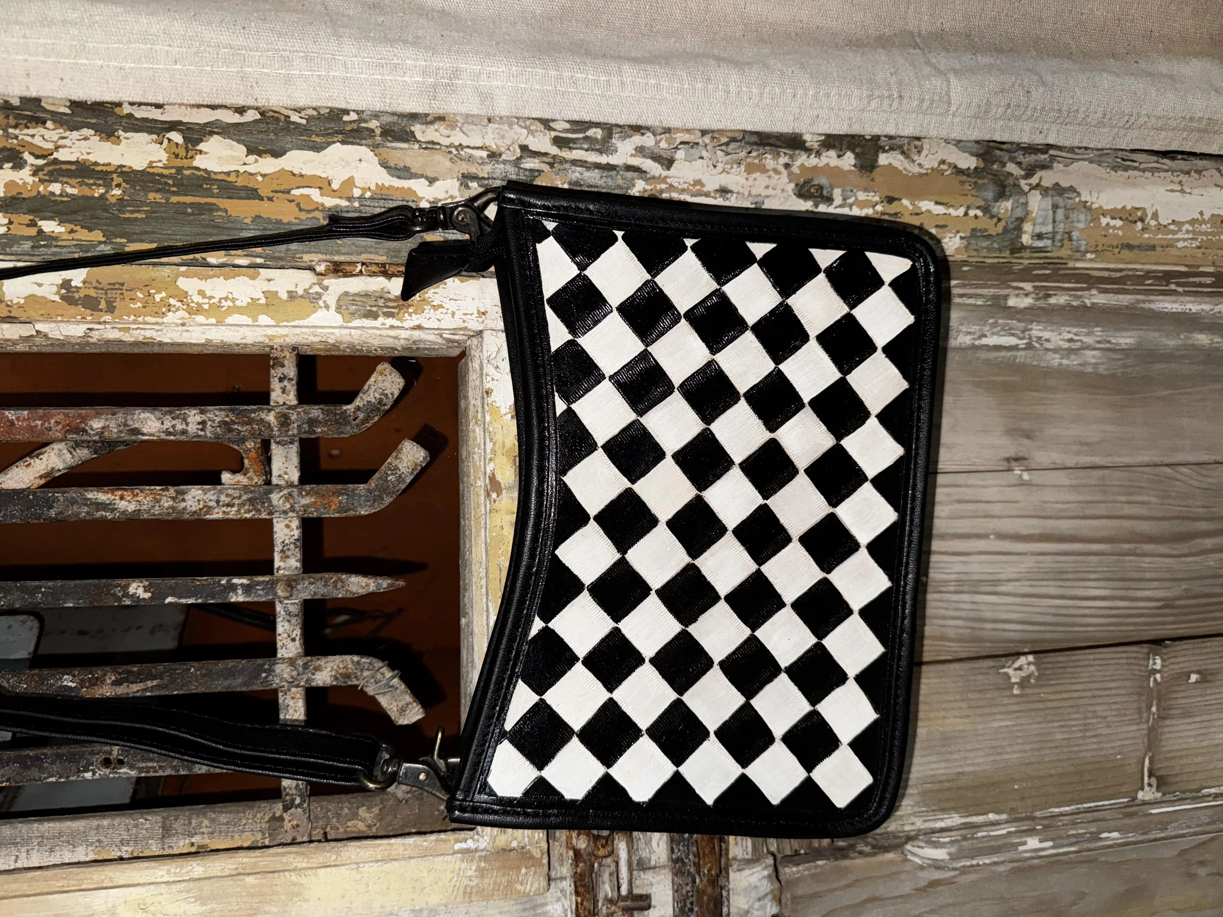 Black and White Checker Tooled Leather Purse
