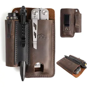 Leather Multitool Sheath with Belt Clip - Multitool Holster for Belt - EDC Belt Organizer Fits, Flashlight, Pen - Leather Pouch - Holder, Dark Brown