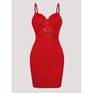 Women's Sexy Red Formal party dress - back, Bodycon fit, Knee-Length Evening gown for Gala, Date Night - Elegant Partywear Clothing,Spaghetti Strap Womenswear Fabric Workwear Polyester Floral Sleeveless