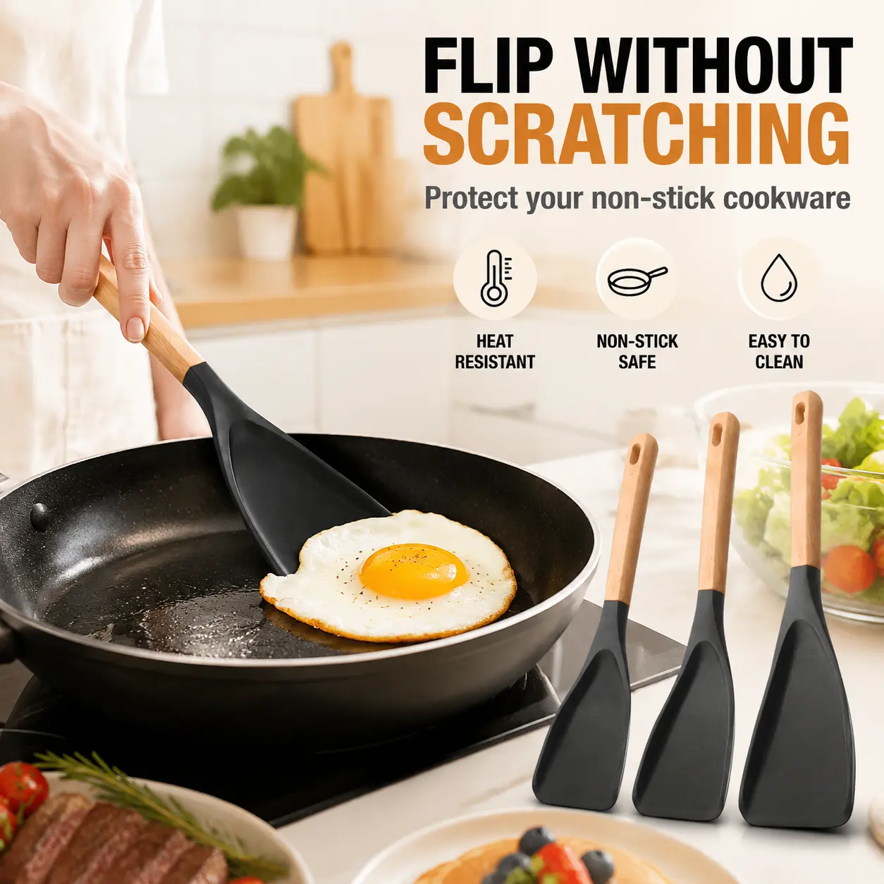 Silicone Spatula Turner Set, Nonstick Kitchen Utensils, Heat Resistant Cooking Flipper, Wooden Handle Spatula for Eggs Pancakes Burgers Fish, Easy Clean Kitchen Tool