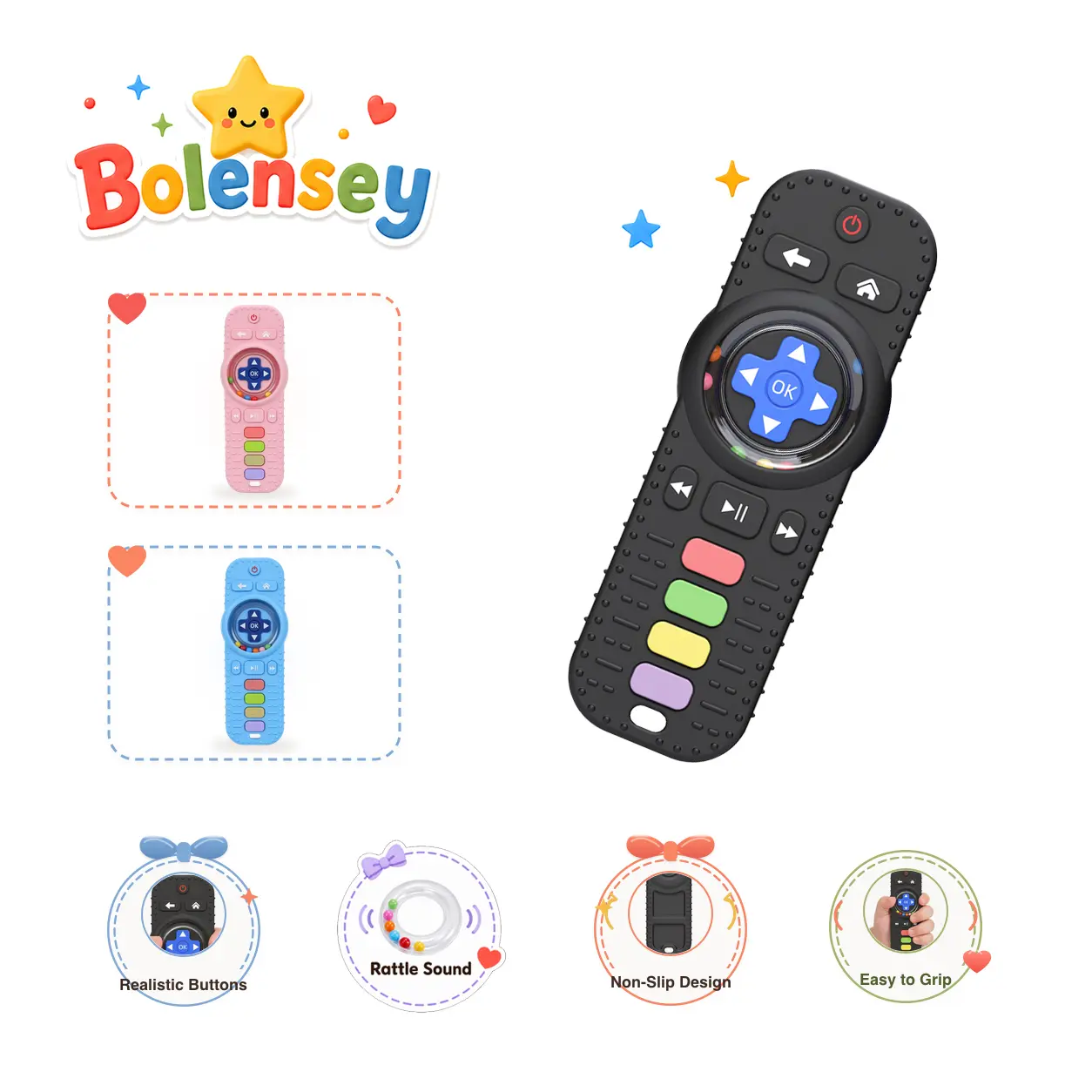 Bolensey Unisex Montessori Remote Control Sensory Teether Baby Toy for Newborns 0-12 Months - Food-Grade Silicone, Simulated Textured Buttons, Raised Textures, Easy Grip, Detachable ABS Bead Rattle, Colorful Dots, BPA-Free, Play-Friendly, Fits Baby Hands