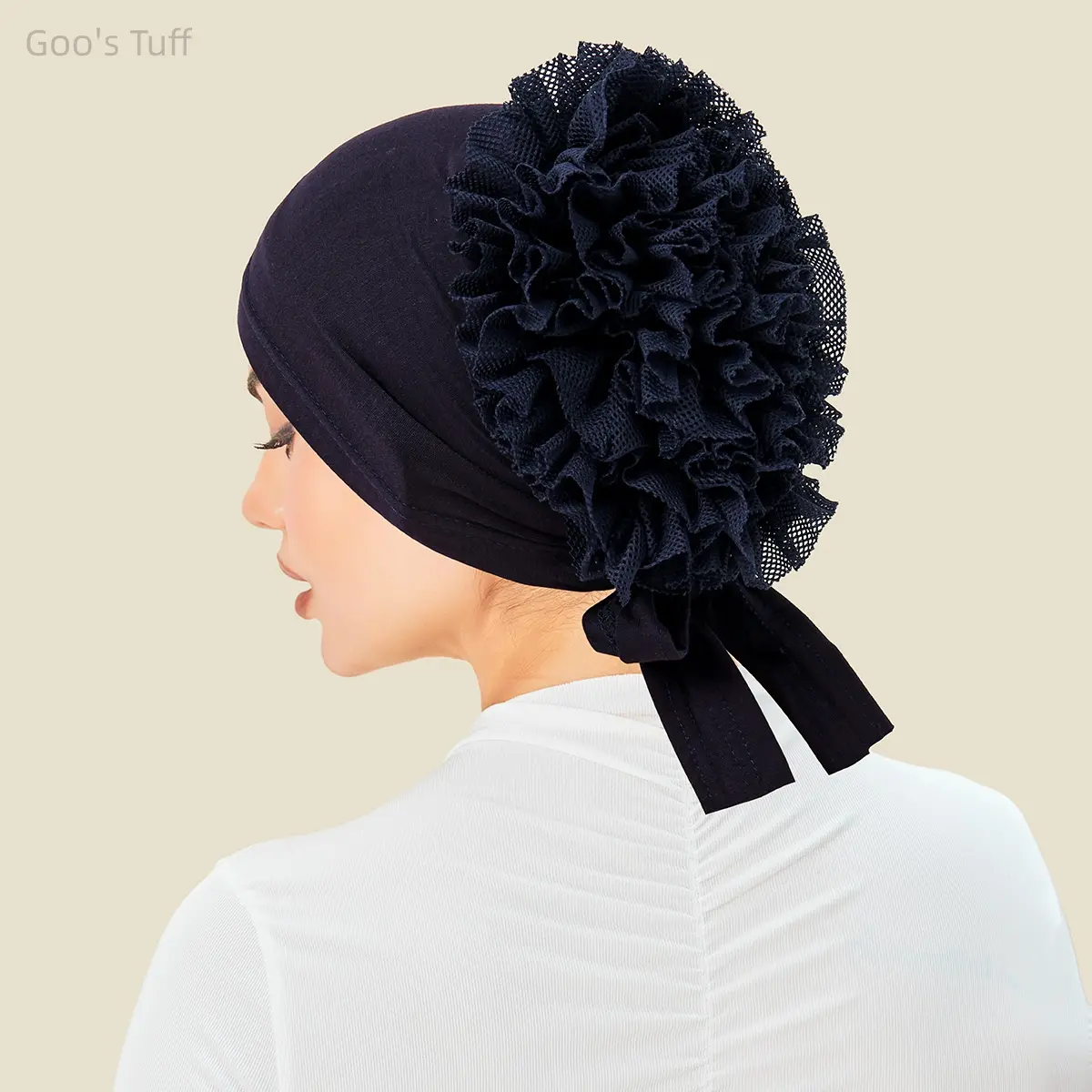Women's Elegant and Modest Mercerized Cotton Mesh Turban Head Wrap Hat - Solid, Big Floral Lace Ruffle Applique, Breathable, Soft Indian Covering for Female Everyday Wear, Church Gift for Women Who Appreciate Modest Head Coverings, Modest Daily Wear