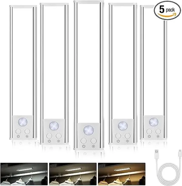 Under Cabinet Lighting, Motion Sensor, Rechargeable, 5 Pack | Wireless with Adhesive, Dimmable, 3 Color Temperature Adjustable, Auto On/Off, Portable, For Stairs, Counter, Kitchen, Closet