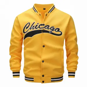 Men's Chicago Letter Print Varsity Baseball Jacket - Menswear Long Sleeve Casual Button-Up Retro Streetwear Oversized Windbreaker Tops for Spring Fall, Brown/Yellow