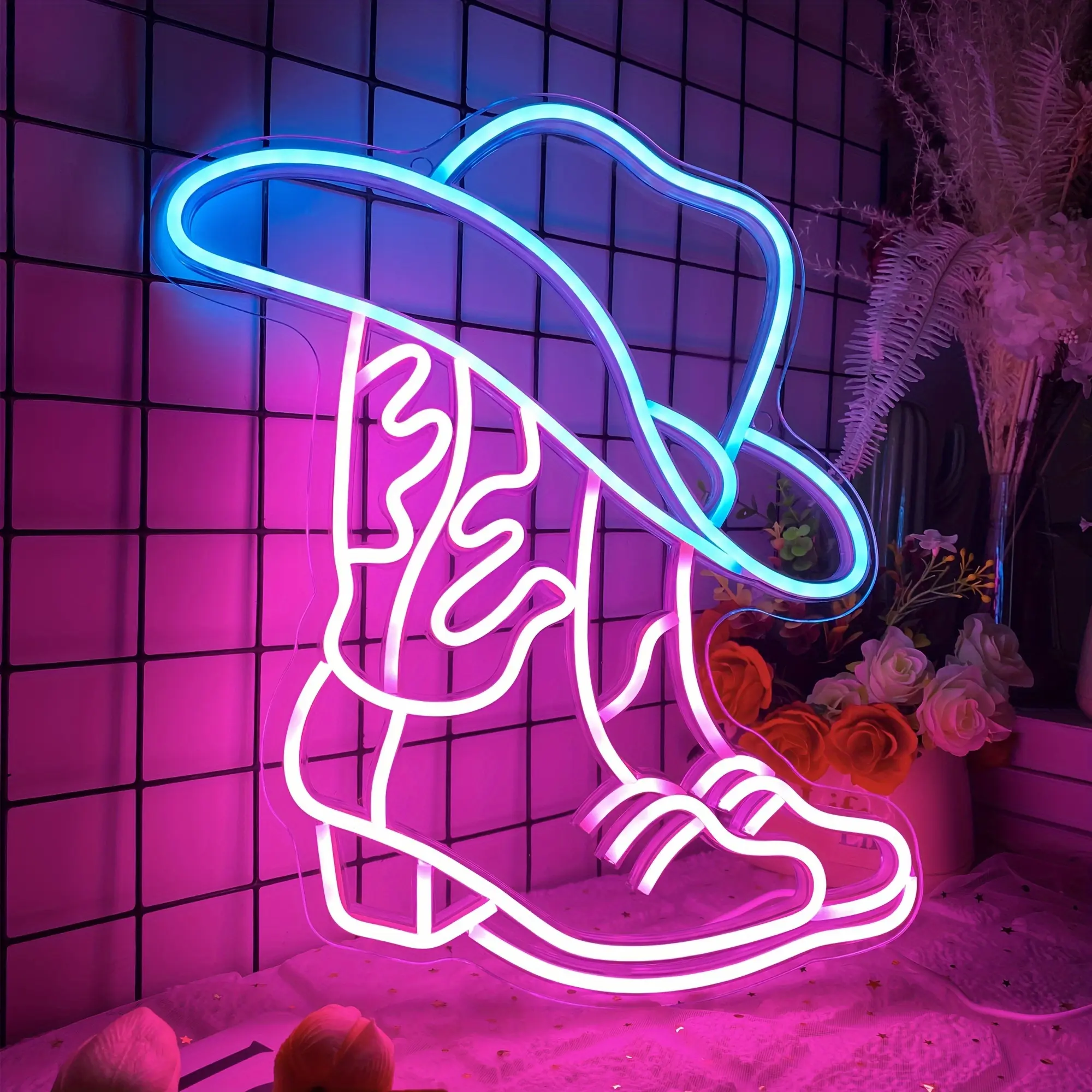 Contemporary Cowboy Hat-Boot Logo Plastic LED Neon Light - LED Atmosphere Lamp, Neon Bar Signs, USB Powered, Easy to Install, Hanging, Outdoor/Indoor Home & Christmas Party Decoration to Light Up Your Space