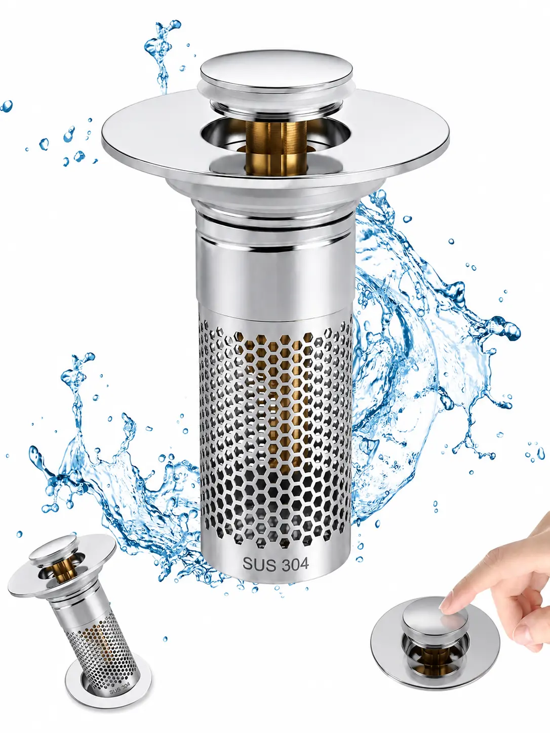 2/1 PCS Modern Stainless Steel Pop-Up Bathroom Sink Drain Strainer, Anti-Odor Wash Basin Stopper with Brass Bouncing Core & Hair Catcher Basket, Universal Drain Plug for US Bathroom Sinks, Bathtubs, Showers & Floor Drains for Home Use Filter