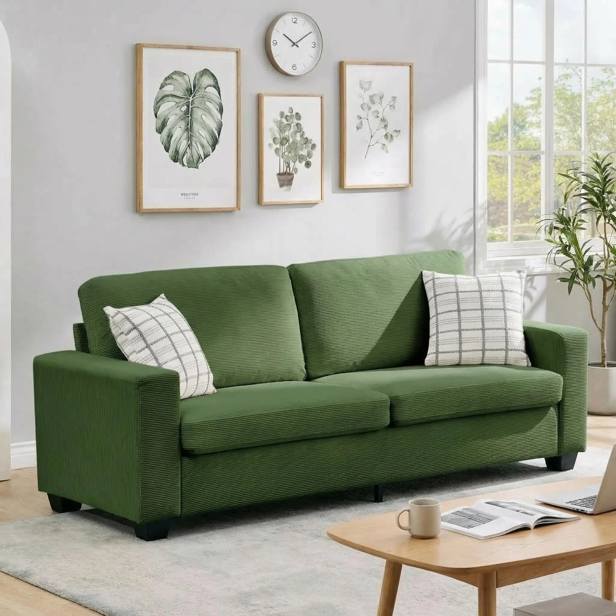 Garvee 2-Seat Corduroy Loveseat Comfy Couch - 83in Minimal Chic Small Room Ideas Space Saving Furniture, Wide Armrest, Removable Washable Cushion Cover for Living Room (Green), Clean Aesthetic, 2 Seat Living Room Furniture