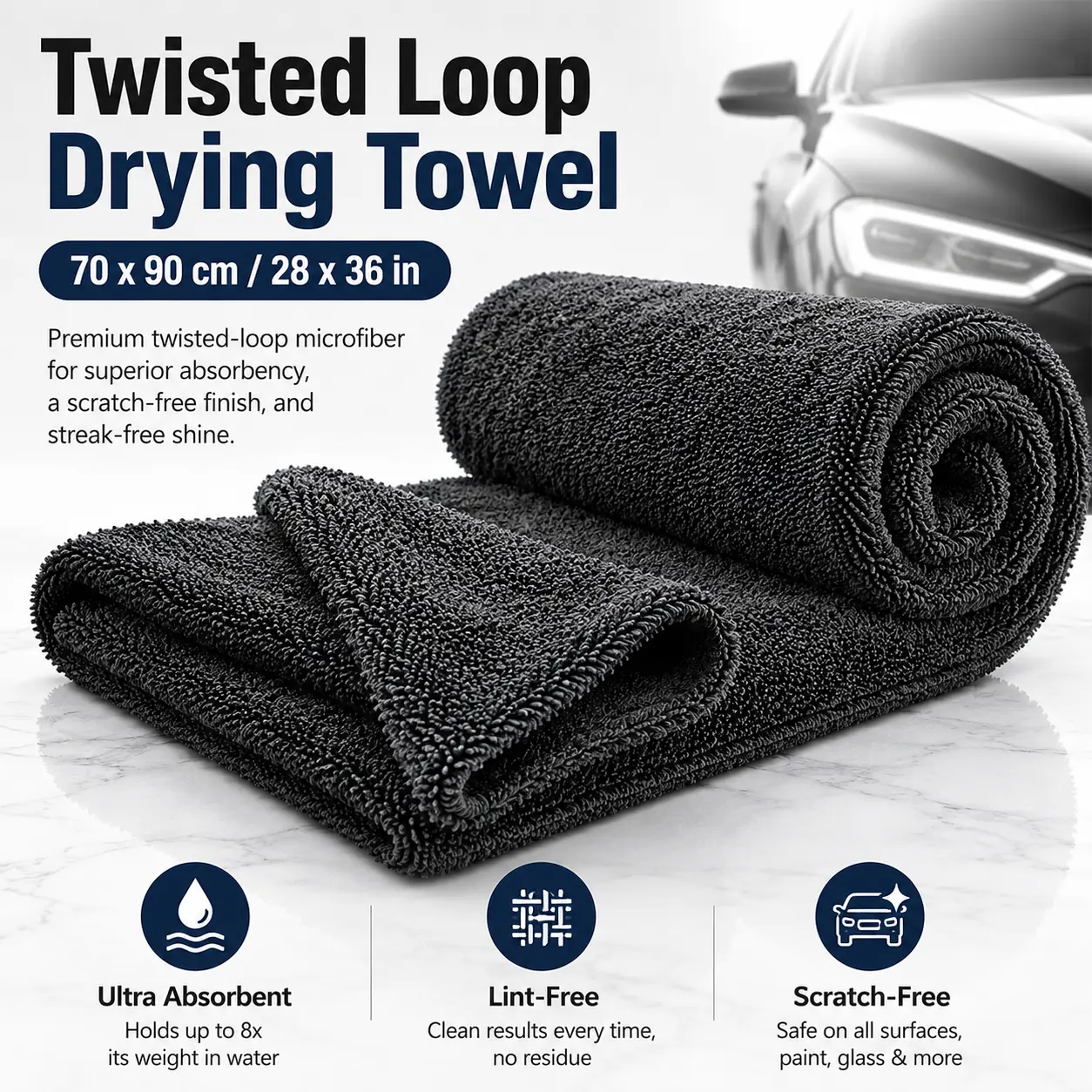 YOKLOK Microfiber Car Drying Towel, 28" x 36" Twisted Loop Ultra-Absorbent Auto Detailing Towel, Soft Lint-Free Quick-Dry Car Wash Towel for Cars, Trucks & SUVs