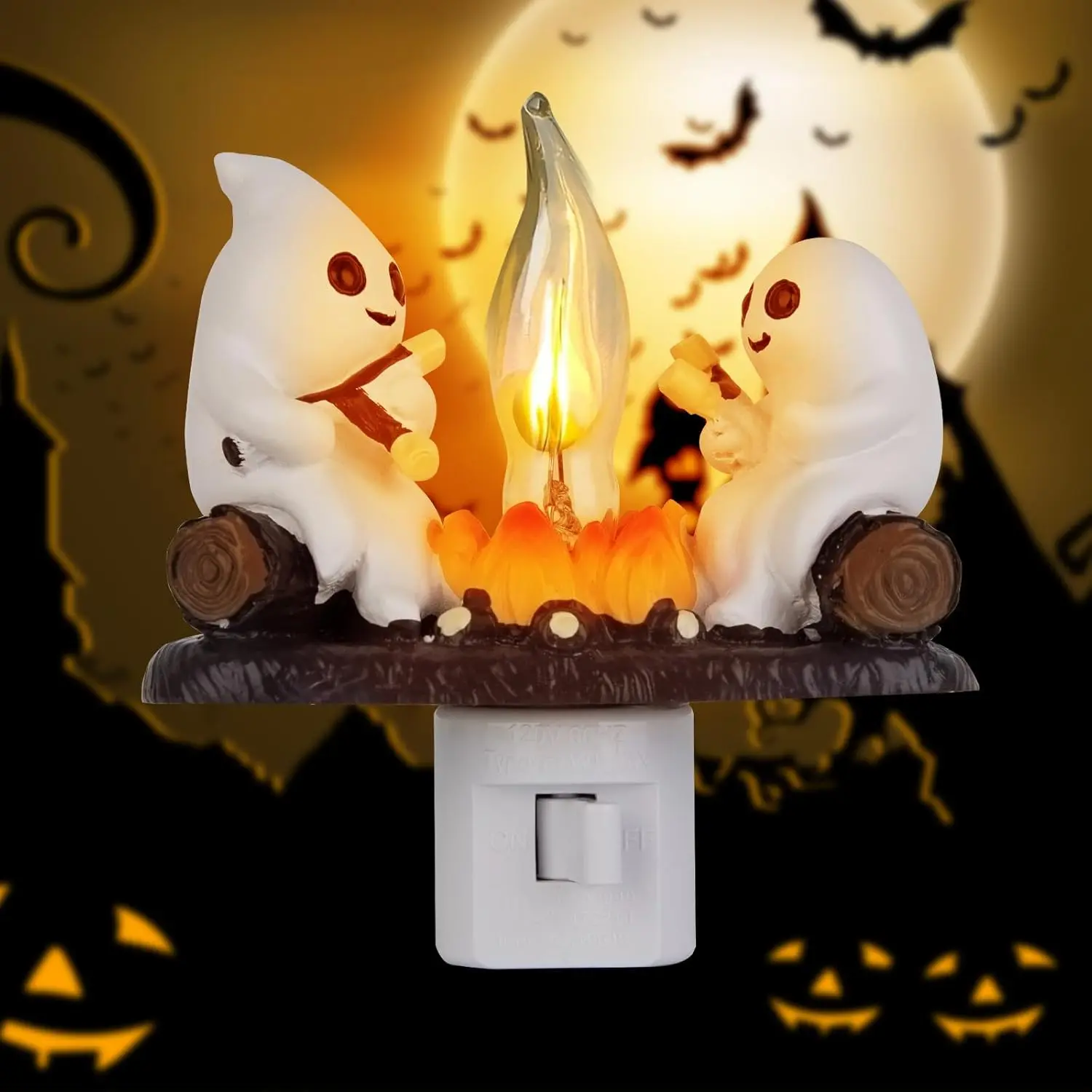 Gift  Ghost Campfire Flickering Night Light, 3D Small Electric Faux Campfire Night Light,Ghosts Campfire Flicker Flame Nightlight, 5in LED Campfire Night Lights Funny Halloween Decor