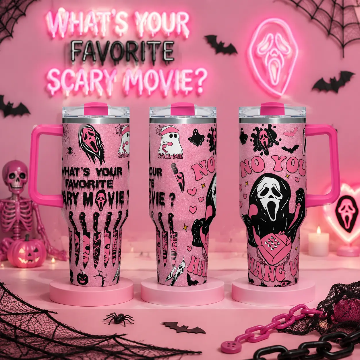 Ghost Face Scream Movie 40oz Tumbler Stainless Steel Insulated Cup With Colorful Handle Lid And Straw No You Hang Up Horror Movie Cup Halloween Gift Cute Pink Ghostface Reusable Travel Mug Large Capacity Water Bottle For Fans Daily Use Trendy Tumbler