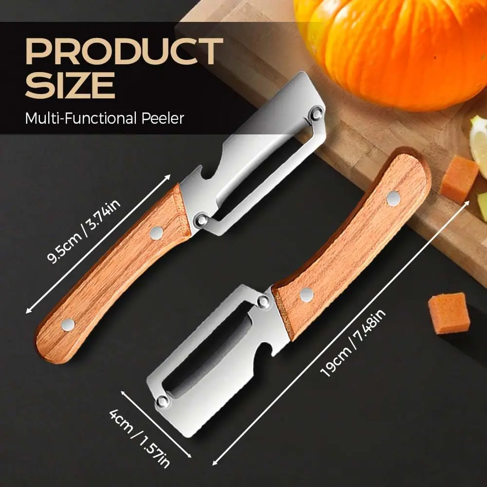 2Pcs Stainless Steel Thickened Fruit Peeler Knife & 2Pcs Hooks Kit, Multi-Functional Ultra-Sharp Blade with Wooden Handle and Bottle Opener, For Vegetables or Fruits that Need to Be Peeled