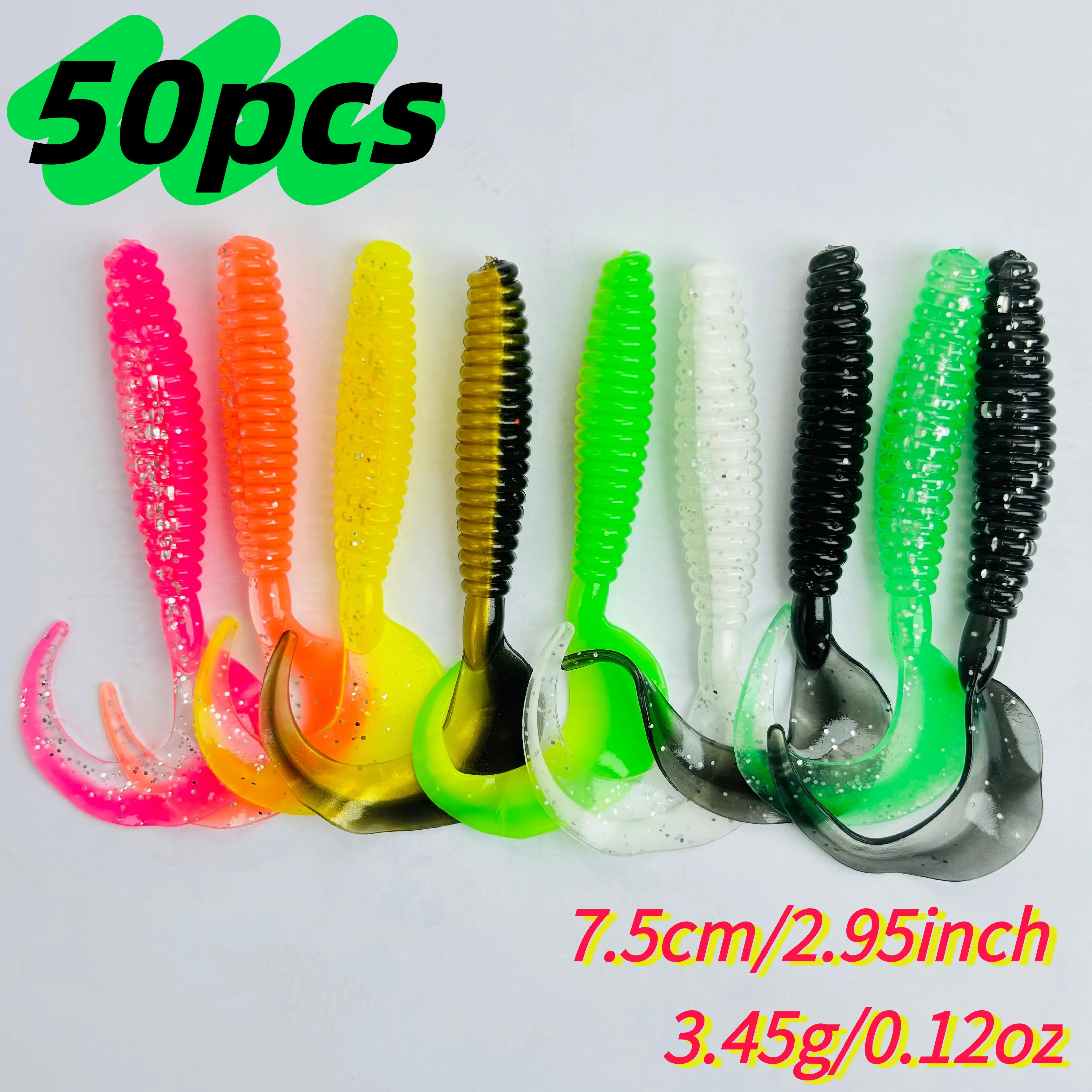 Bass Fishing Lures (50pcs), 7.5cm Flexible PVC Curl Long Tail Swimbaits with Realistic Wobble Action, Multicolor Pack for Freshwater & Saltwater, Versatile Fishing Gear