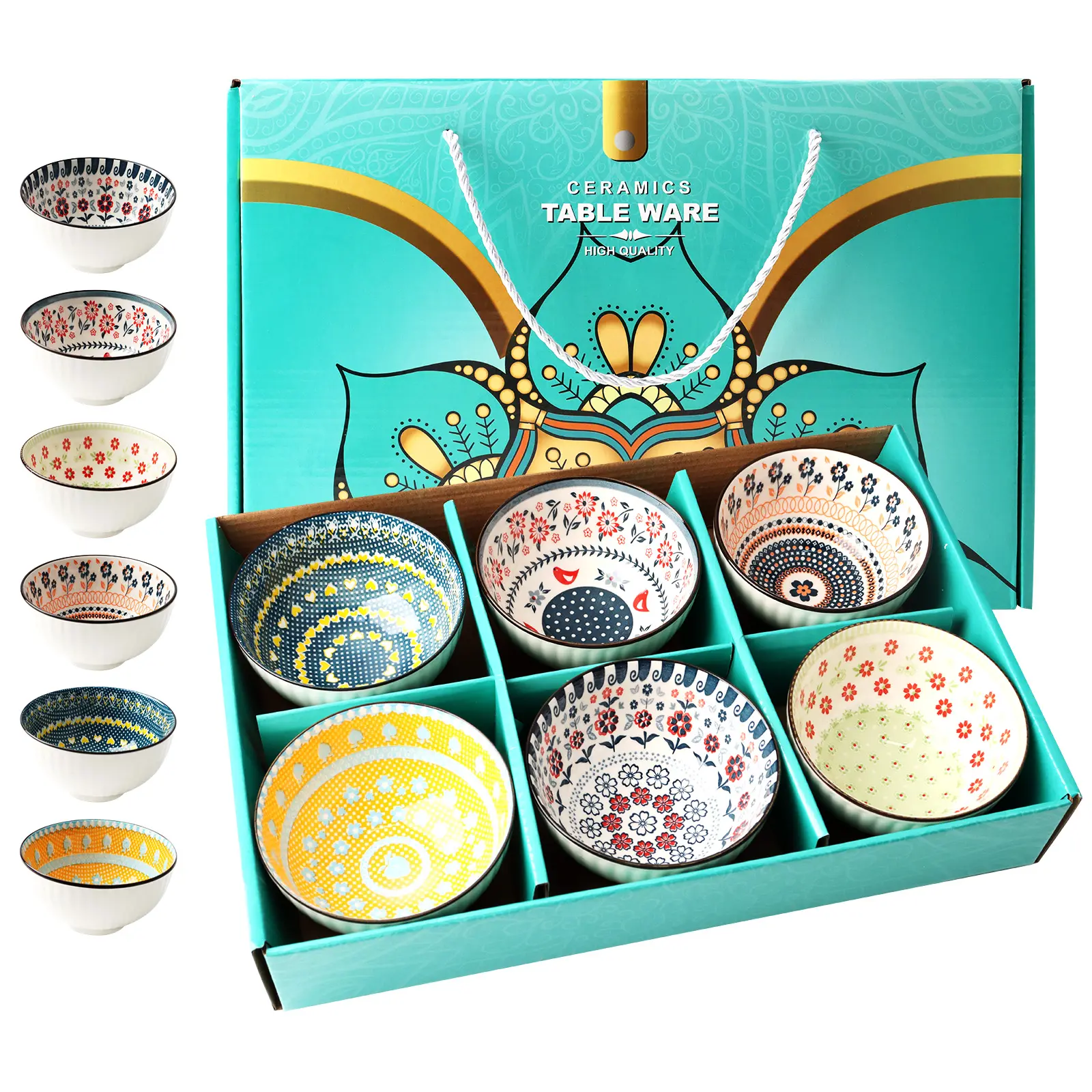 Ceramic Rice Bowls 10 oz, Bohemian Style Bowl Gift Set, Assorted Dinnerware Serving Bowls for Cereal, Soup, Dessert, Snack, Fruit, Salsa, Pack of 6