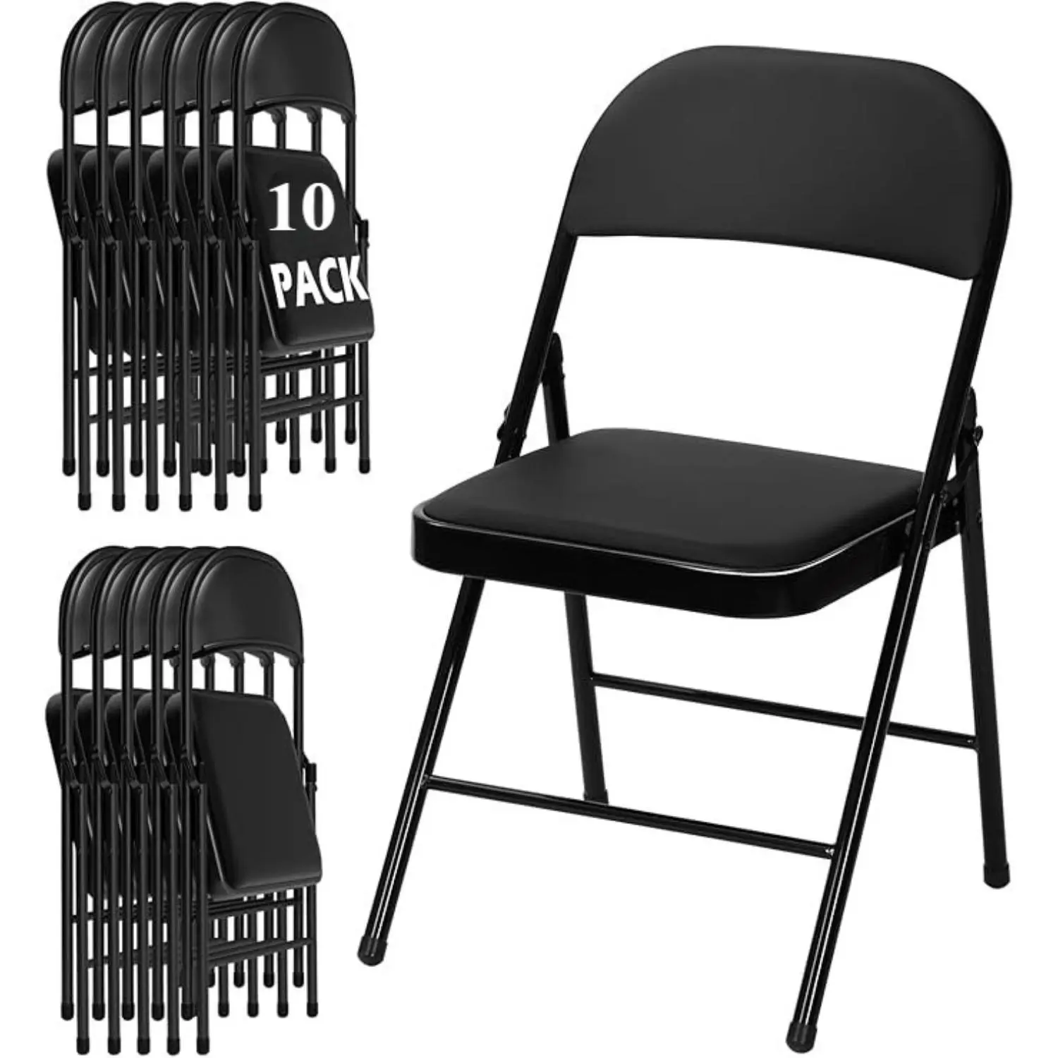Karlhome 10 Pack Bulk Folding Chairs with Padded Cushion, Single Black Steel Metal Frame Foldable Chair for Indoor and Outdoor, Portable Stackable Commercial Seat for Bedroom Patio Party Event