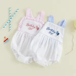 Afunbaby Baby Girls Boys Birthday Romper Sleeveless Letter Balloon Embroidery Overalls Playsuit