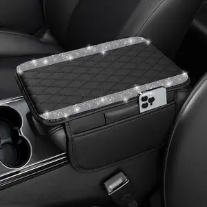 Bling Car Center Console Cover, Leather Car Arm Rest Cover Cushion with 2 Storage Bags, Universal Auto Armrest Protector Storage Box, Bling Interior Accessories for Most Vehicles (Silver)