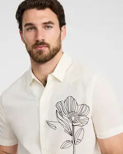 Express Embroidered Contrast Flower Cotton Ivory Short Sleeve Shirt