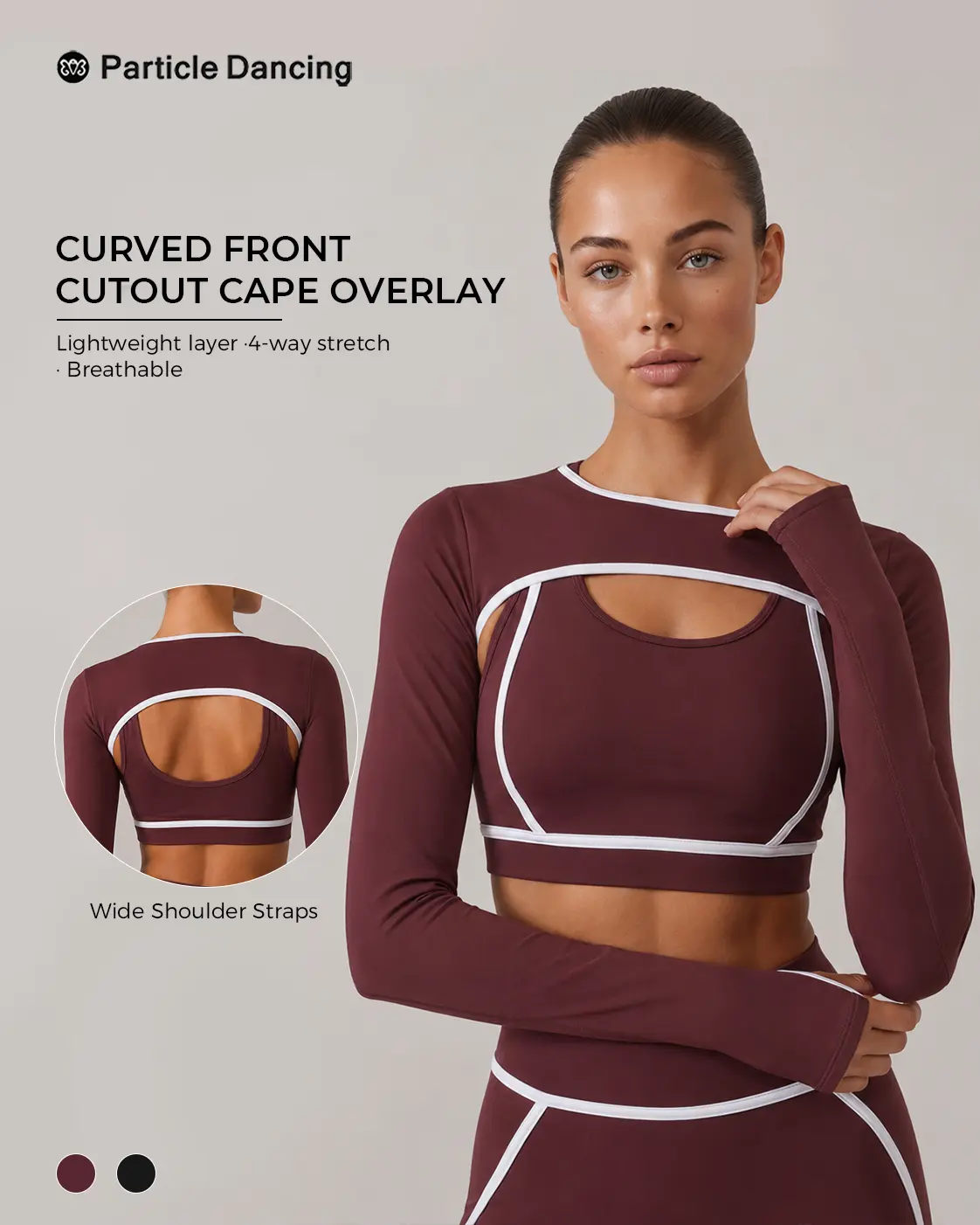 Women’s Burgundy Stretch Fabric Workout Shrug - Tight Fit Open Back Long Sleeve Crop Top with Thumbhole Cuffs, Lightweight Yoga Bolero Layer for Gym & Dance