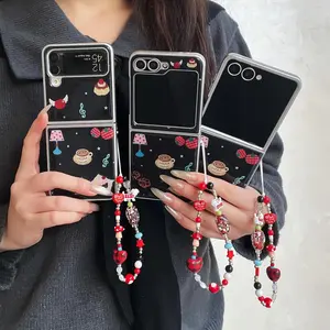 Korean Cute Cake Coffee Glossy Phone Case For Samsung Galaxy Z Flip 7 6 5 4 3 ZFlip6 Flip7 Cover with Chain Kawaii Cases Funda