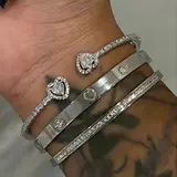 【Black Friday】Women's Zirconia Heart Bracelet Options, 3-Piece Gold-Plated Stainless Steel Stackable Bangle Set, Open Cuff Bracelet, Elegant Jewelry for Daily Wear and Holiday Gifting