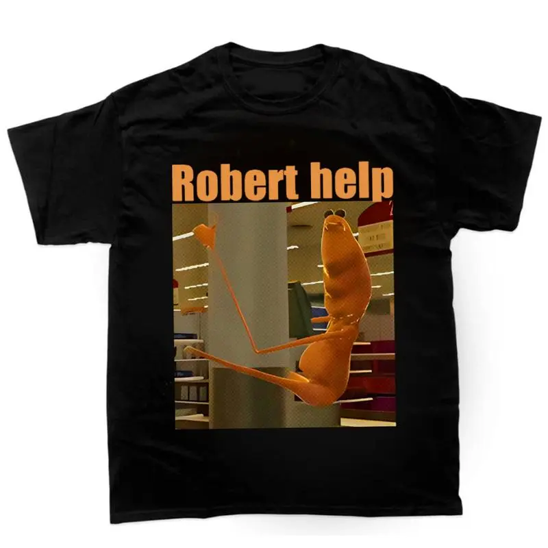 Men's Classic Crew Neck T-Shirt with Marcus The Worm Robertt Help Meme Print, Casual Short-Sleeve Cotton Streetwear for All Seasons