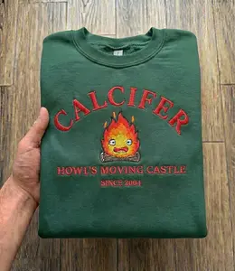 Embroidery Vintage Calcifer Sweatshirt, Studio Ghibli Inspired Embroidered Anime Top, Howl's Moving Castle Gift, Fantasy Anime Fan Gift