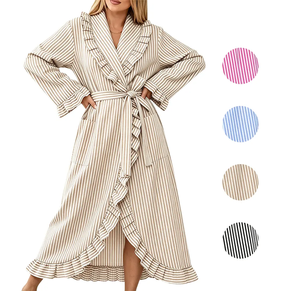 Arssm Womens Striped Cotton Robes Cute Ruffle Long Bathrobe