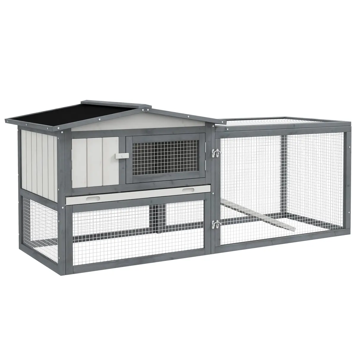 212 Main D51-061V01WT 61 in. PawHut Large Rabbit Cage, Outdoor Guinea Pig Hutch with Run Feeding Trough Removable Tray Ramp Asphalt Roof, White