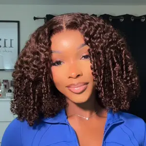 UNice 250% Density Glueless Chocolate Brown Afro Kinky Curly Wig 7x5 Lace Closure Human Hair Wigs with Drawstring Pre Plucked Hairline Bleached Knots Beginners Friendly summerwins