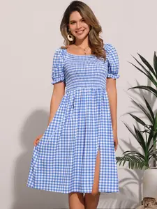 INSPIRE CHIC Women's Gingham Square Neck Short Sleeve Smocked Dress Summer Cute Plaid Dresses
