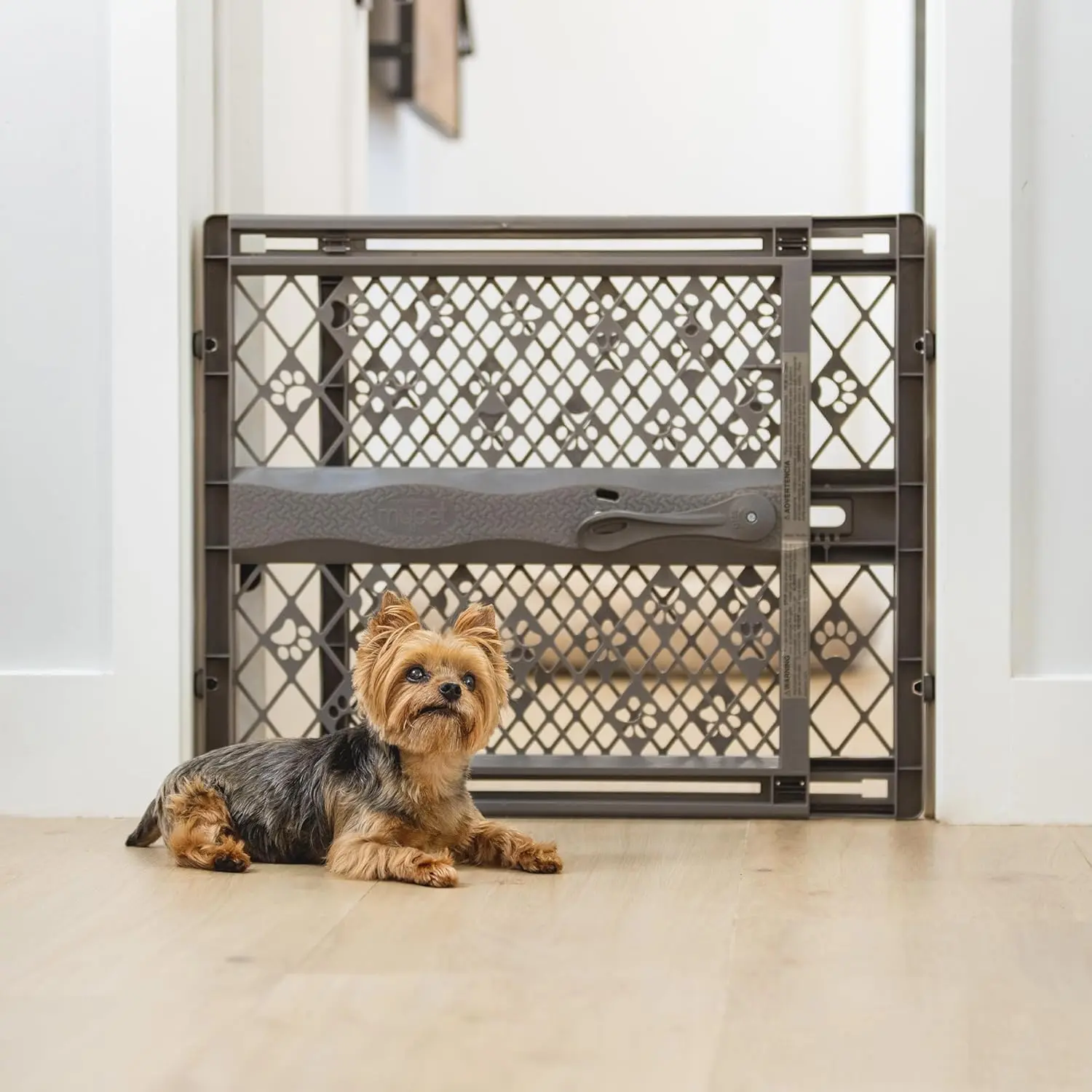 MYPET North States Paws Expandable Portable Pet Gate - 23" Tall, 26-40" Wide, Pressure-Mount, No Tools Needed, Made in USA, Durable Safety Blocker for Doorways, Secure Space, Fieldstone Gray, Paw Prints Design, Portable Gate